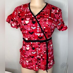 HQ Scrub Top Valentines Love hearts Women's Heart Print Short Sleeve Size XS